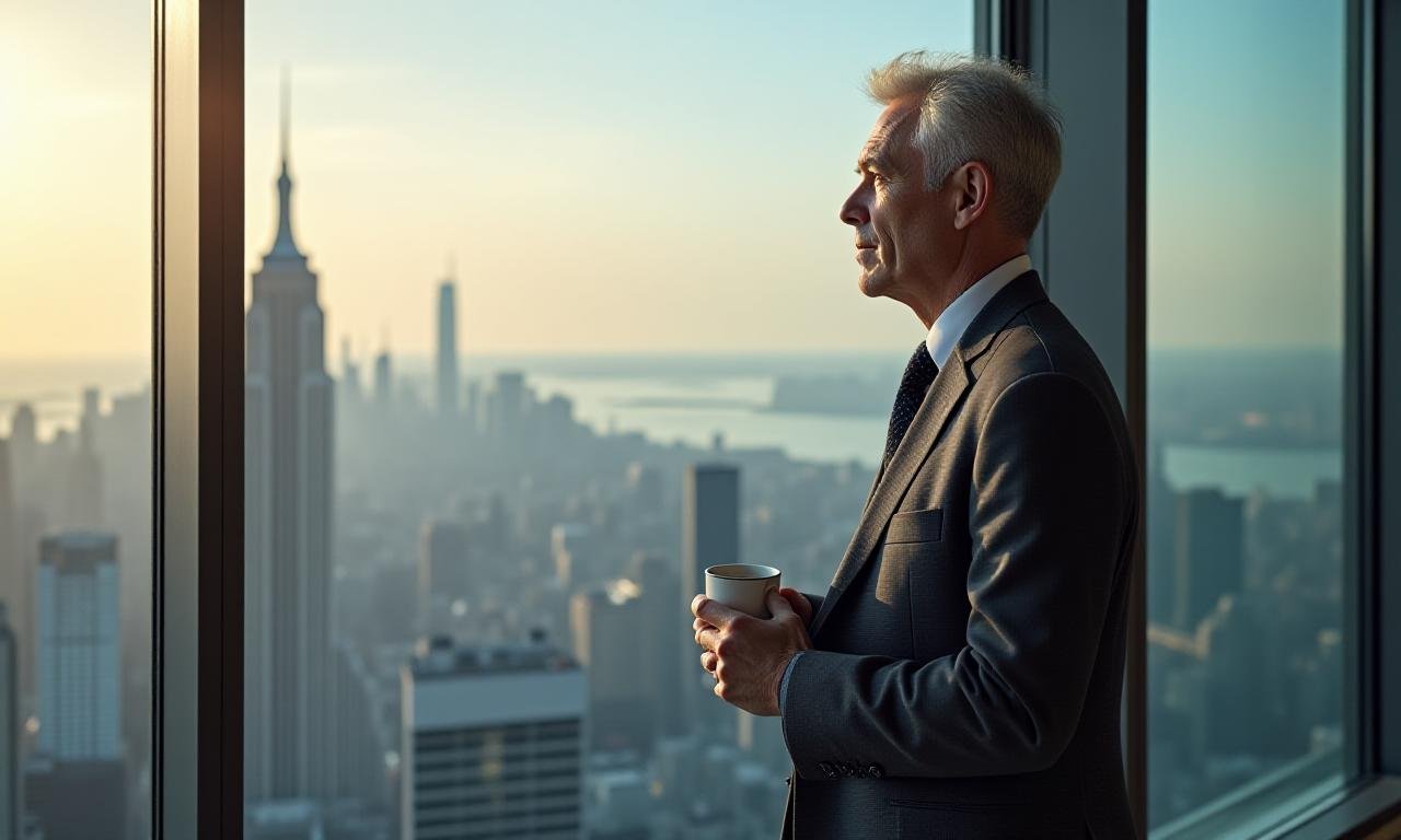 Stressed executive looking out window reflecting on wellness