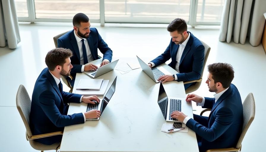 Team working together in a calm, focused environment showing balanced leadership